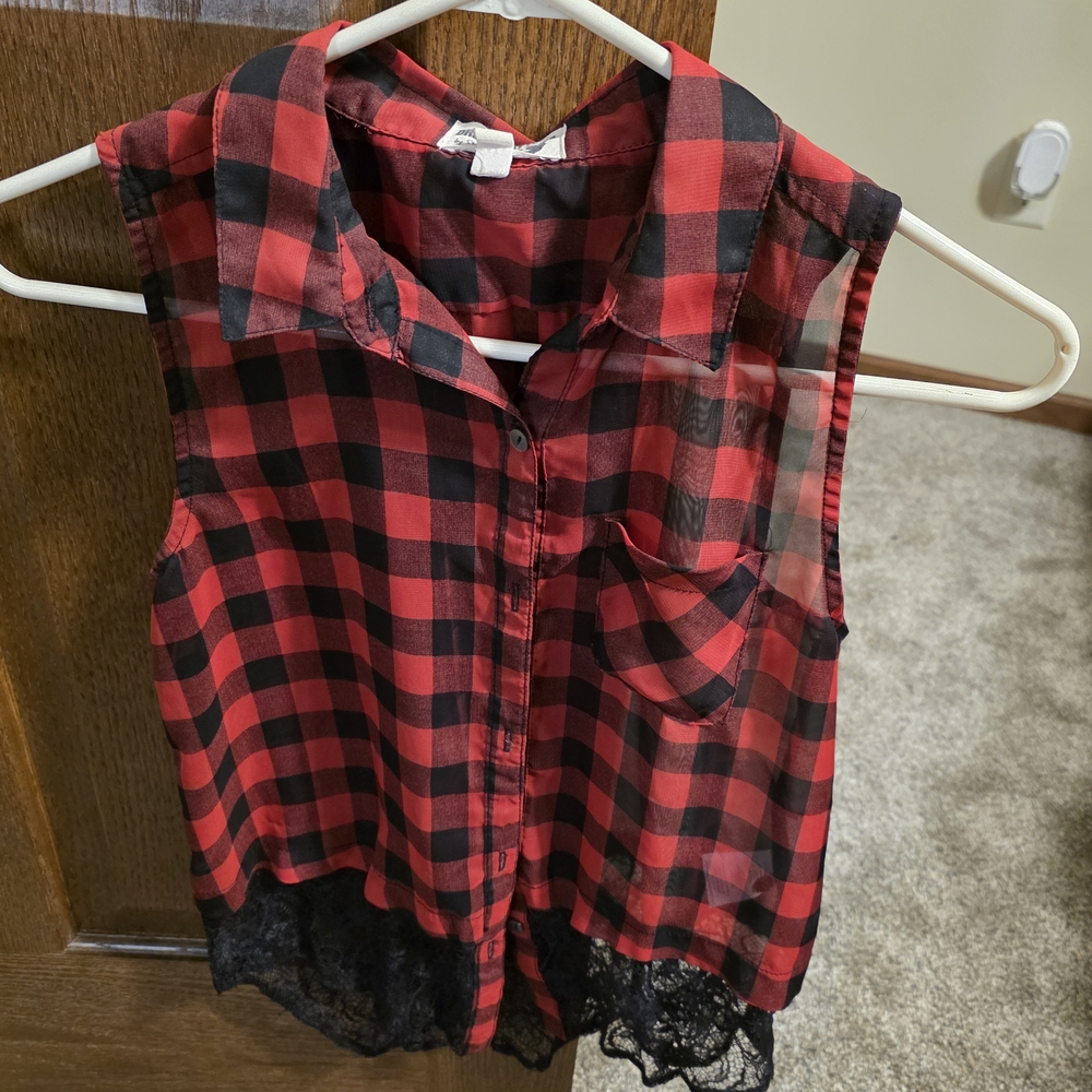 Red and Black Plaid Sleeveless Top with Lace Hem